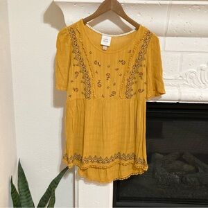 Yellow Floral Peasant Top Short Sleeved Knox Roxe Size Small S